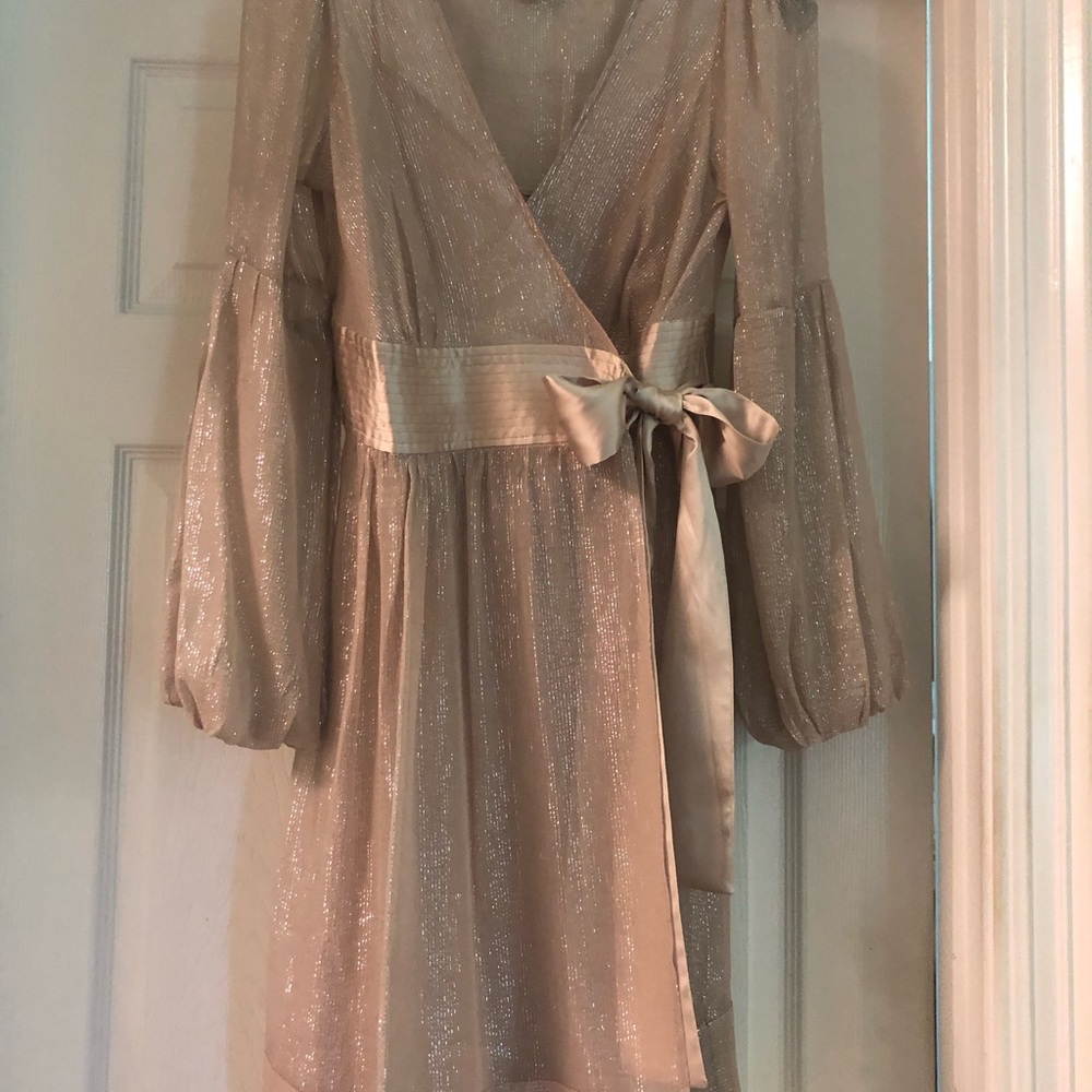 ECI Champagne Long Sleeve V-Neck Wrap Cocktail Dress